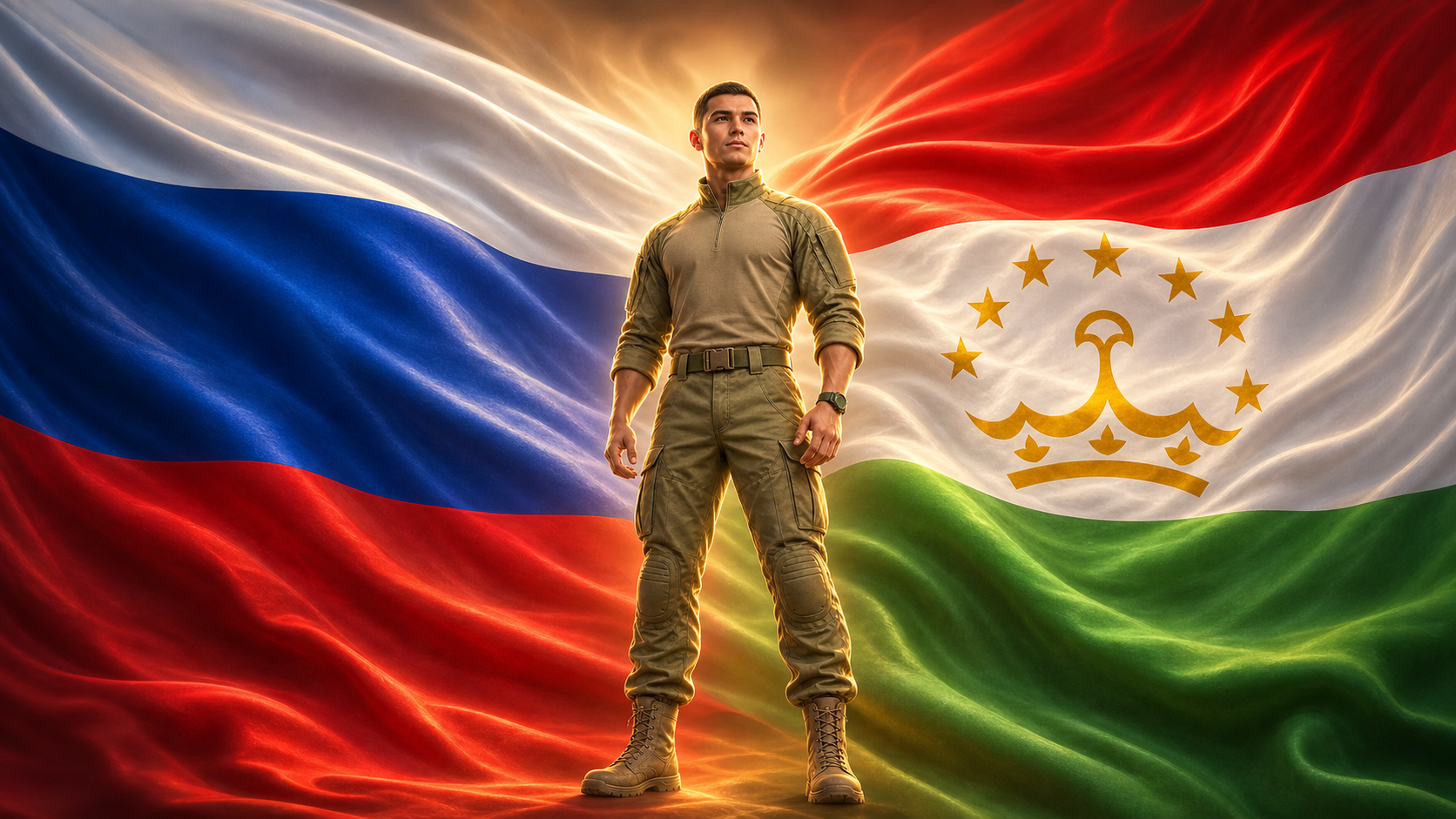 Военнослужащий на фоне флагов России и Таджикистана